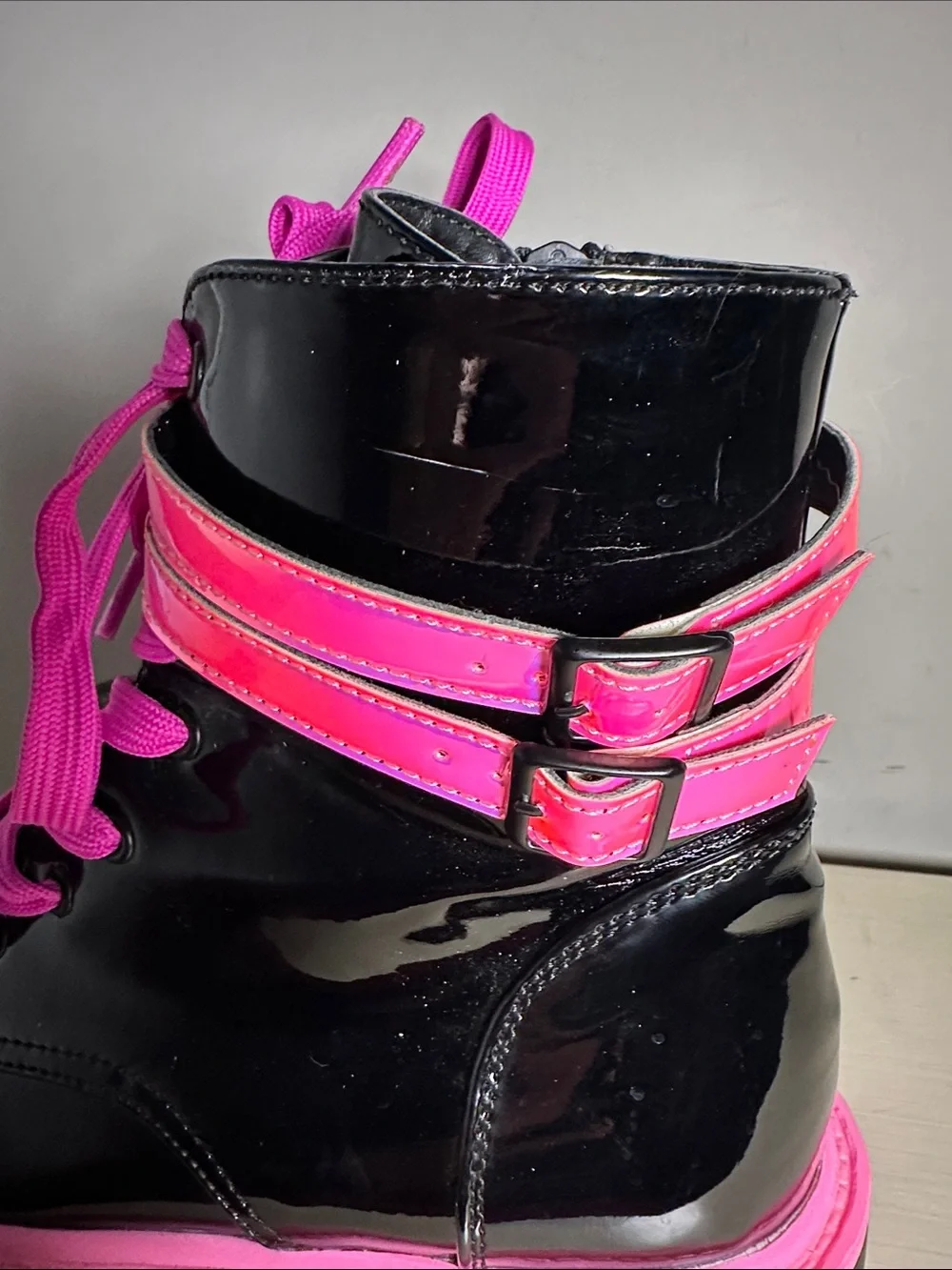 Demonia Slacker-52 Black Patent Platform Boot with Hot Pink Accents